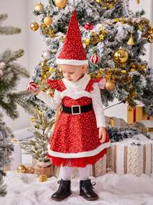 Zestaw kostiumów 2 w 1 i czapki dla dziewczynki z nadrukiem w kształcie serca na Boże Narodzenie - Czerwony i biały - Zobacz 3