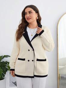 SHEIN Clasi Plus Contrast Trim Dual Pocket Drop Shoulder Cardigan - Black and White - View 6