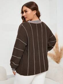 SHEIN LUNE 加大码条纹图案落肩针织套头衫秋冬毛衣 - 咖啡棕 - 查看 2