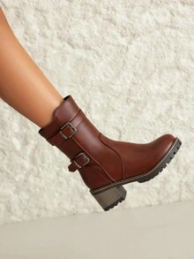 女式粗跟机车靴，PU 皮革，防水厚底，圆头，保暖内衬，秋冬新品，时尚女式短靴，加大码 - 棕色 - 查看 3