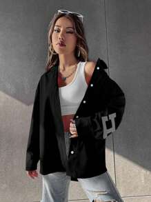 SHEIN Unity Letter Graphic Drop Shoulder Shirt,Long Sleeve Tops Fall Cloth For Women - Black - View 6