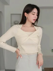 DAZY 扭結正面方領肋編針織毛衣 - 杏色 - 查看 5