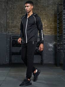 Manfinity Sport Corelite Boyfriend Style Men Letter Graphic Contrast Piping Raglan Sleeve Hooded Sports Jacket Workout Tops Sports Jacket - Black - View 5