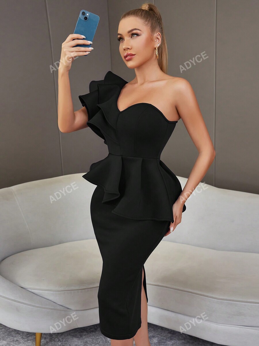 ADYCE One Shoulder Formal Exaggerated Ruffle Split Back Bandage Bodycon
