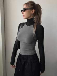 DAZY Solid High Neck Tee,Fall Clothes Long Sleeve Women Tops,Thermal Lined