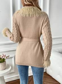 SHEIN LUNE Fuzzy Cuff Cable Knit Belted Cardigan With Belt - Apricot - View 2