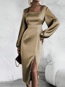 SHEIN Clasi Square Neck Lantern Sleeve Split Thigh Satin Dress - Khaki - View 1