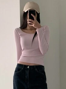 DAZY 淨色低圓領短款T恤 - 粉色 - 查看 3