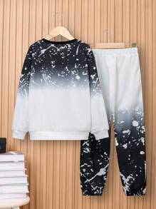 SHEIN Leap Crew Tween Boy Letter Graphic Ombre Sweatshirt & Sweatpants - Black and White - View 2