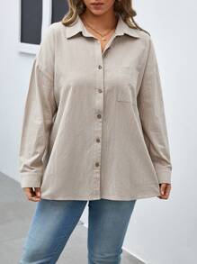 SHEIN Frenchy Plus Drop Shoulder Pocket Patched Shirt - Khaki - View 5