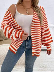 Calvaya 大碼條紋圖案插肩袖開襟衫 - 彩色 - 查看 4