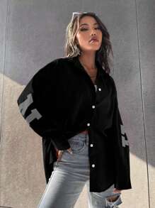 SHEIN Unity Letter Graphic Drop Shoulder Shirt,Long Sleeve Tops Fall Cloth For Women - Black - View 3