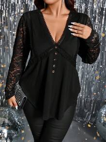 SHEIN Clasi 正面撞色蕾絲鈕扣T恤 - 黑色 - 查看 3