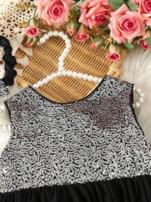 SHEIN Young Girl Contrast Sequin Big Bow Front Mesh Hem Dress - Multicolor - View 8