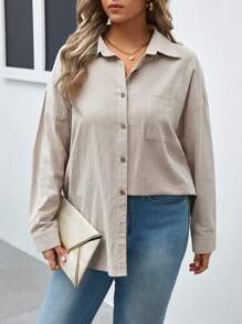 SHEIN Frenchy Plus Drop Shoulder Pocket Patched Shirt - Khaki - View 1