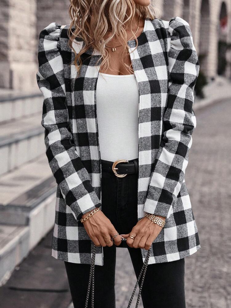 Buffalo Plaid Print Gigot Sleeve Open Front Coat