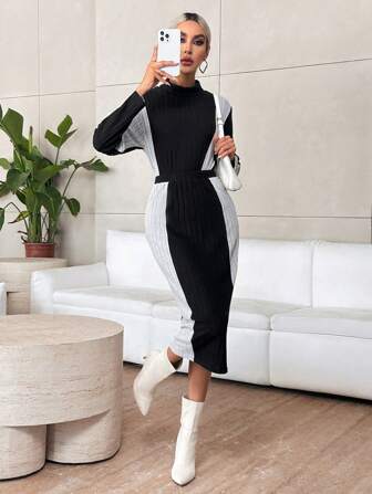 SHEIN Privé Tvåfärgad ribbstickad t-shirt och pennkjol