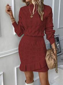 SHEIN LUNE 麻花編織荷葉邊毛衣洋裝 - 酒紅色 - 查看 6