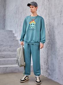 SHEIN Teen Boy Cartoon Graphic Pullover & Sweatpants - Green - View 6