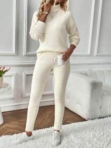 SHEIN Essnce Áo cao cổ Thả vai Áo len & Quần dệt kim - Màu be - Xem 3