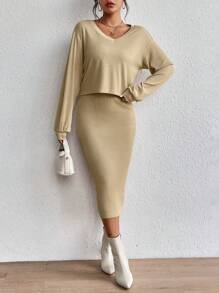 SHEIN LUNE Drop Shoulder Tee & Pencil Skirt - Khaki - View 1