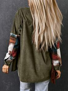 CILKOO Geo Print Drop Shoulder Corduroy Shirt - Army Green - View 2