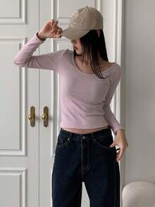 DAZY 淨色低圓領短款T恤 - 粉色 - 查看 2