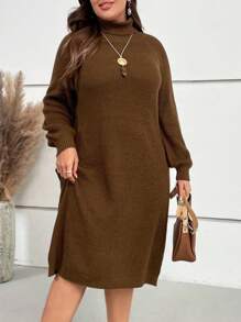 EMERY ROSE Plus Turtleneck Raglan Sleeve Sweater Dress In Fall/Winter - Brown - View 1