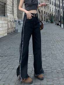 女性直筒通勤休閒歐美街頭風復古洗水長褲 - 黑色 - 查看 4