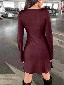 SHEIN EZwear Solid Lettuce Trim Flounce Sleeve Dress - Burgundy - View 2