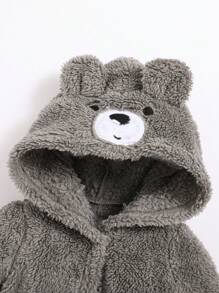 SHEIN Bé sơ sinh Bé trai Hoạt hình Thêu Thiết kế tai 3D Mũ trùm đầu Thắt lưng Áo choàng ngủ Teddy - Xám - Xem 3