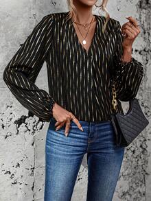 SHEIN LUNE 滿版印花燈籠袖襯衫 - 黑色 - 查看 5