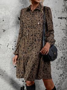 SHEIN LUNE Allover Print Lantern Sleeve Ruffle Hem Smock Dress