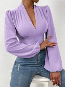 SHEIN Privé 深V領燈籠袖短款襯衫