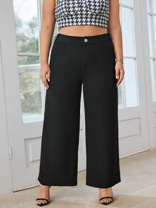 SHEIN Privé Plus Solid Wide Leg Pants - Black - View 4