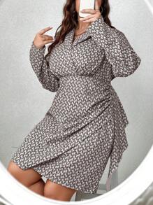 SHEIN Unity Plus Allover Print Knot Side Wrap Dress Fall Cloth For Women - Multicolor - View 4