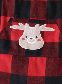 SHEIN Young Girl Buffalo Plaid & Elk Embroidery Hooded Teddy Lined Overcoat - Red - View 3