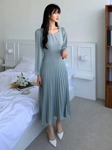 DAZY Chất rắn Viền xếp Váy chữ A - Màu xanh lam - Xem 6