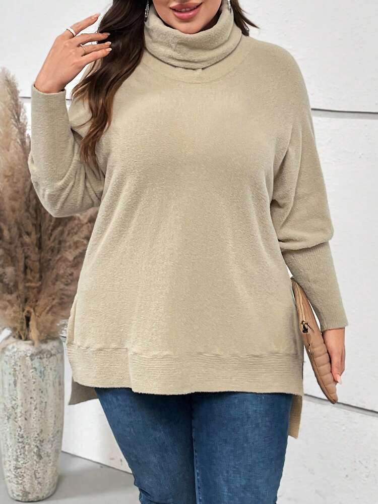 Plus Turtleneck Batwing Sleeve Split Hem Sweater