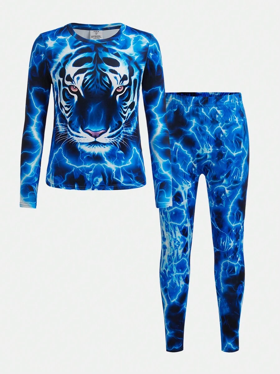 SHEIN Tween Boy Tiger Print Tee & Pants Snug Fit PJ Set - Multicolor - View 1