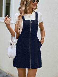 SHEIN LUNE Zip Up Corduroy Overall Dress Without Tee - Navy Blue - View 4