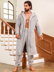 Conjunto de pijama de bata de franela con capucha, cinturón y bolsillos duales y pantalones para hombre - Gris - Ver 1