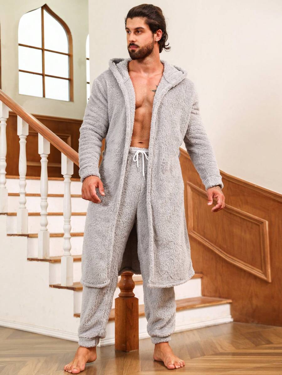 Conjunto de pijama de bata de franela con capucha, cinturón y bolsillos duales y pantalones para hombre - Gris - Ver 1