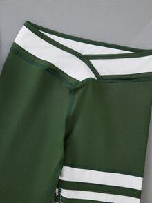 SHEIN Tween Girl Striped Print Contrast Binding Sports Leggings - Green - View 5