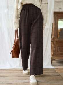 FRIFUL Plaid Print Elastic Waist Pants,Teacher Pants - Brown - View 6
