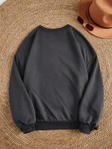 SHEIN LUNE Casual Animal & Plant Printed Round Neck Plus Size Sweatshirt For Women, Casual Fit With Slight Stretch - Dark Grey - View 2