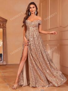 Faeriesty Off Shoulder Split Thigh Sequin Formal Dress Elegant Prom Evening Wedding Guest Gown, For Graduation, Dinner Party Dress