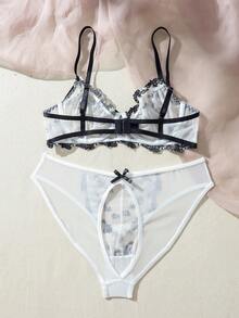 Conjunto de lencería con aro de malla bordada - Blanco y Negro - Ver 2