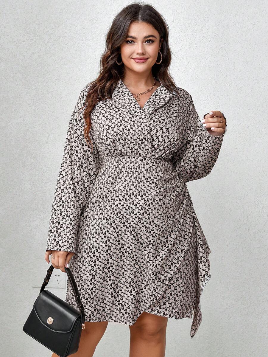 SHEIN Unity Plus Allover Print Knot Side Wrap Dress Fall Cloth For Women - Multicolor - View 1