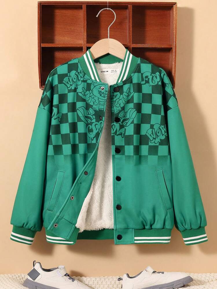 Tween Boy Checker & Cartoon Graphic Striped Trim Drop Shoulder Thermal Lined Varsity Jacket